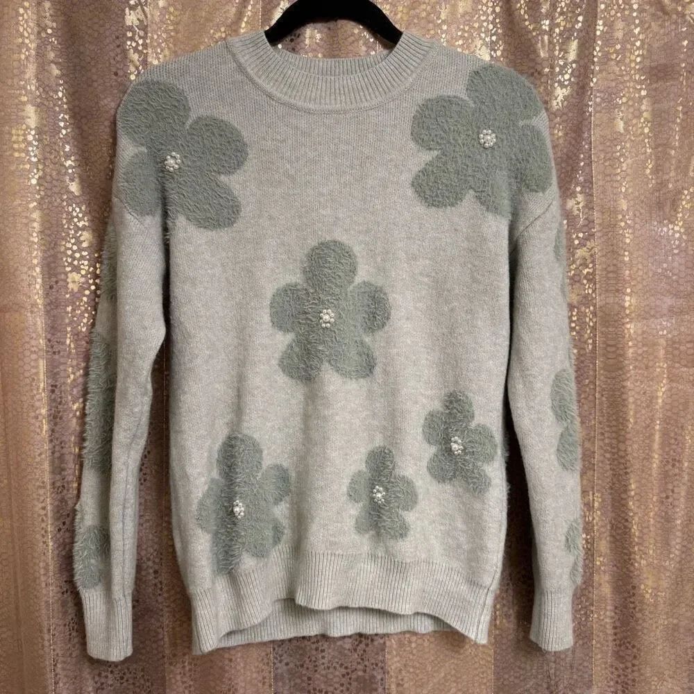 Nanette Lepore Light Sage Green Retro Pearl Fuzzy Floral Sweater XS